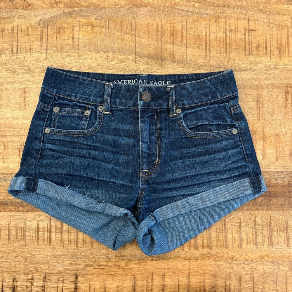 American Eagle Denim Micro Mini Shorts Women 2 Stretch Cuffed Mid Rise Dark Wash